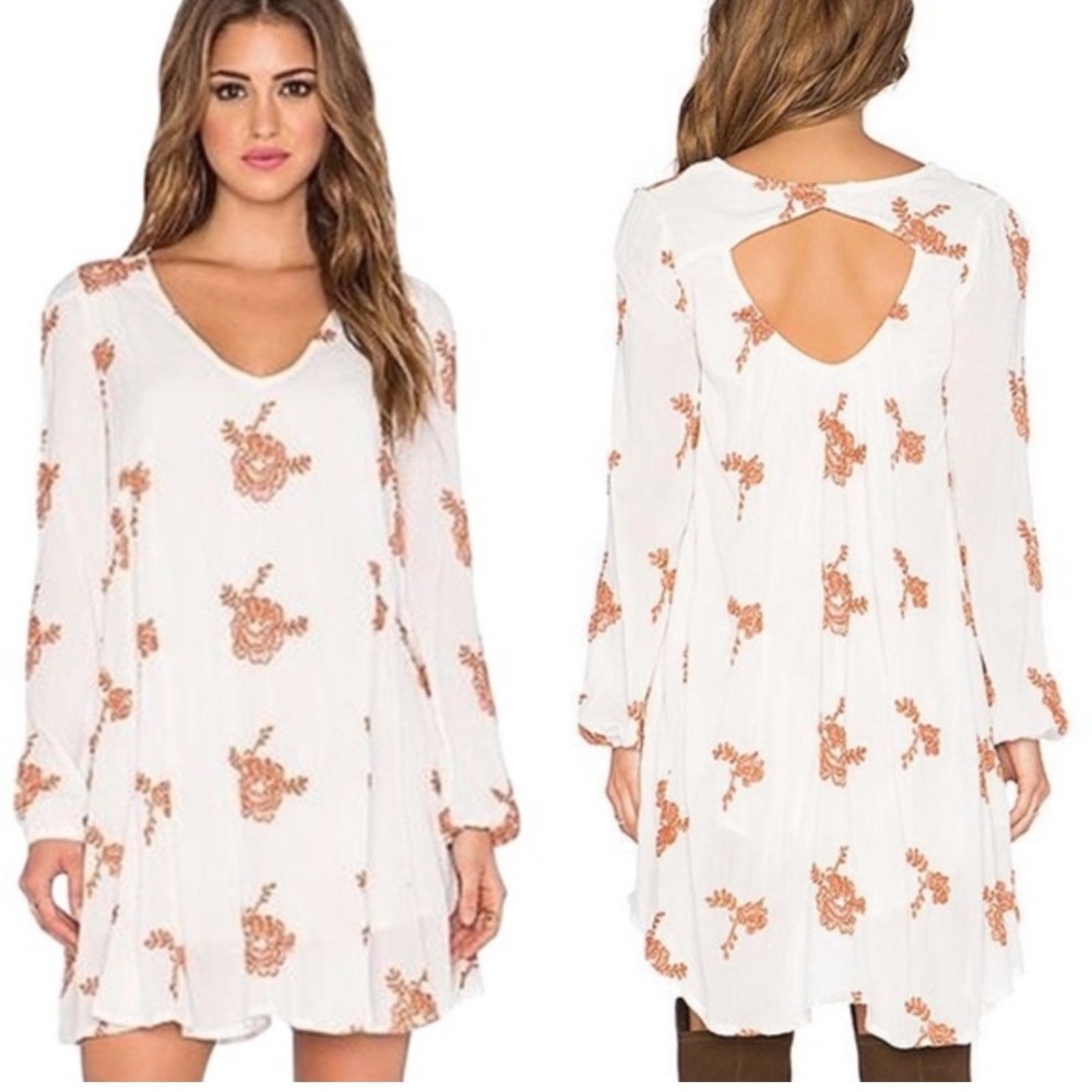Free People Embroidered Floral White and Orange Dress/ Tunic